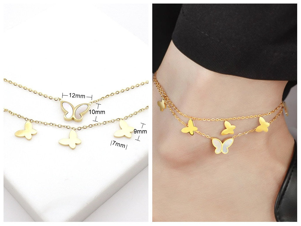 Stainless Steel Double Layer Butterfly Anklet - Gold-Anklet-2-Glitters