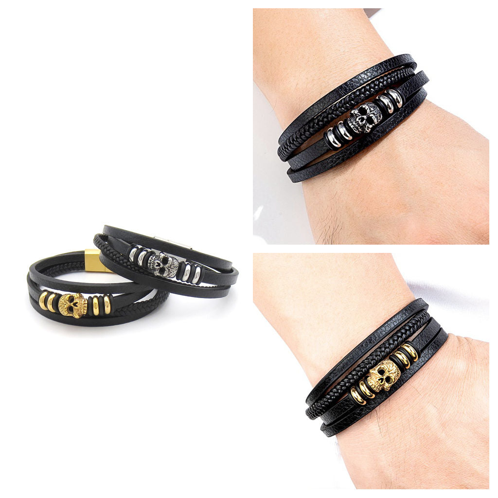Multi-Layer Leather Skull Bracelet - Punk Braided Wristband-Leather Bracelets-7-Glitters