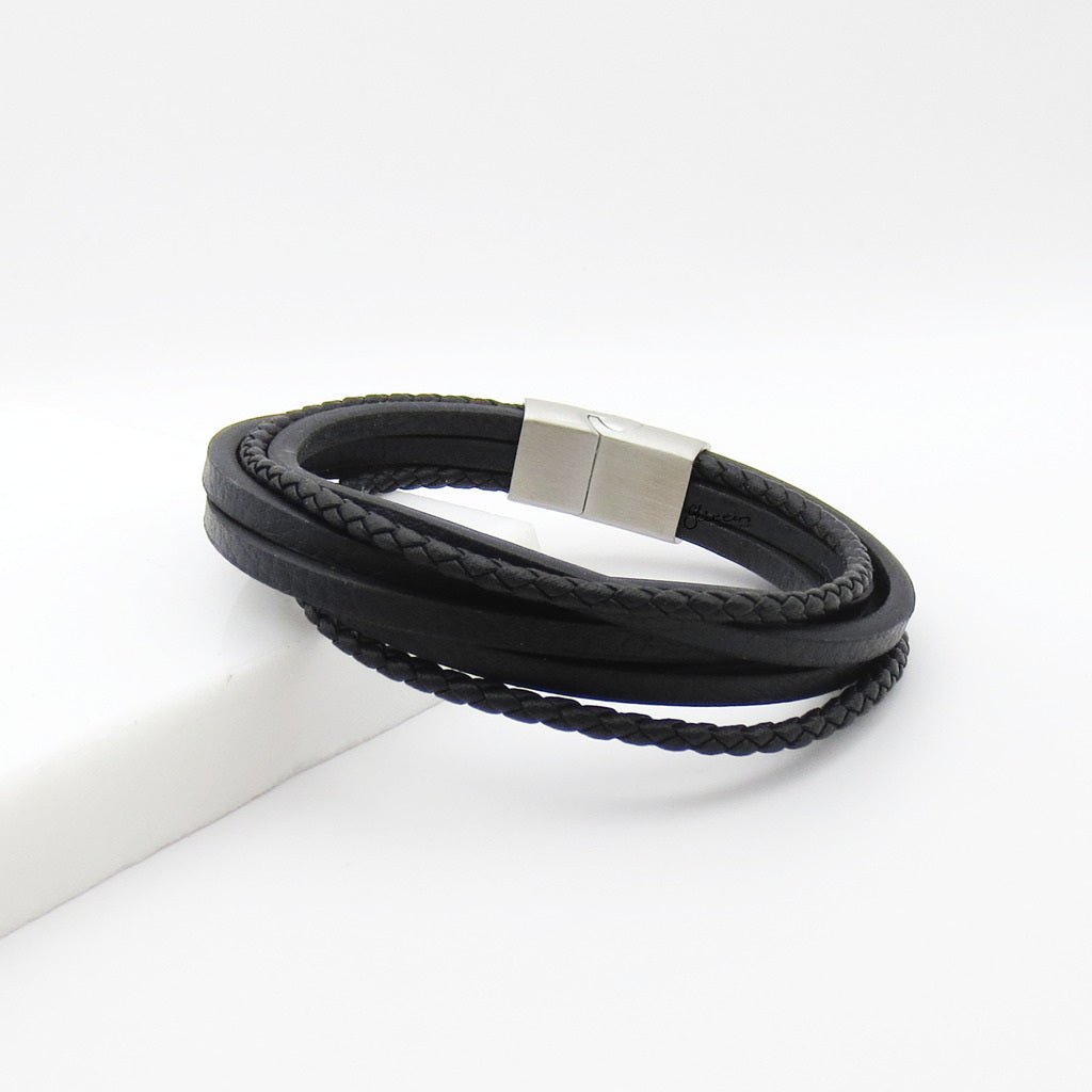 Multi-Strand Black Braided Leather Bracelet-Leather Bracelets-4-Glitters