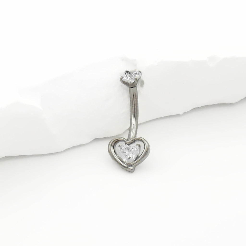Heart-Shaped CZ Titanium Belly Button Ring - Silver-Belly Rings-2-Glitters