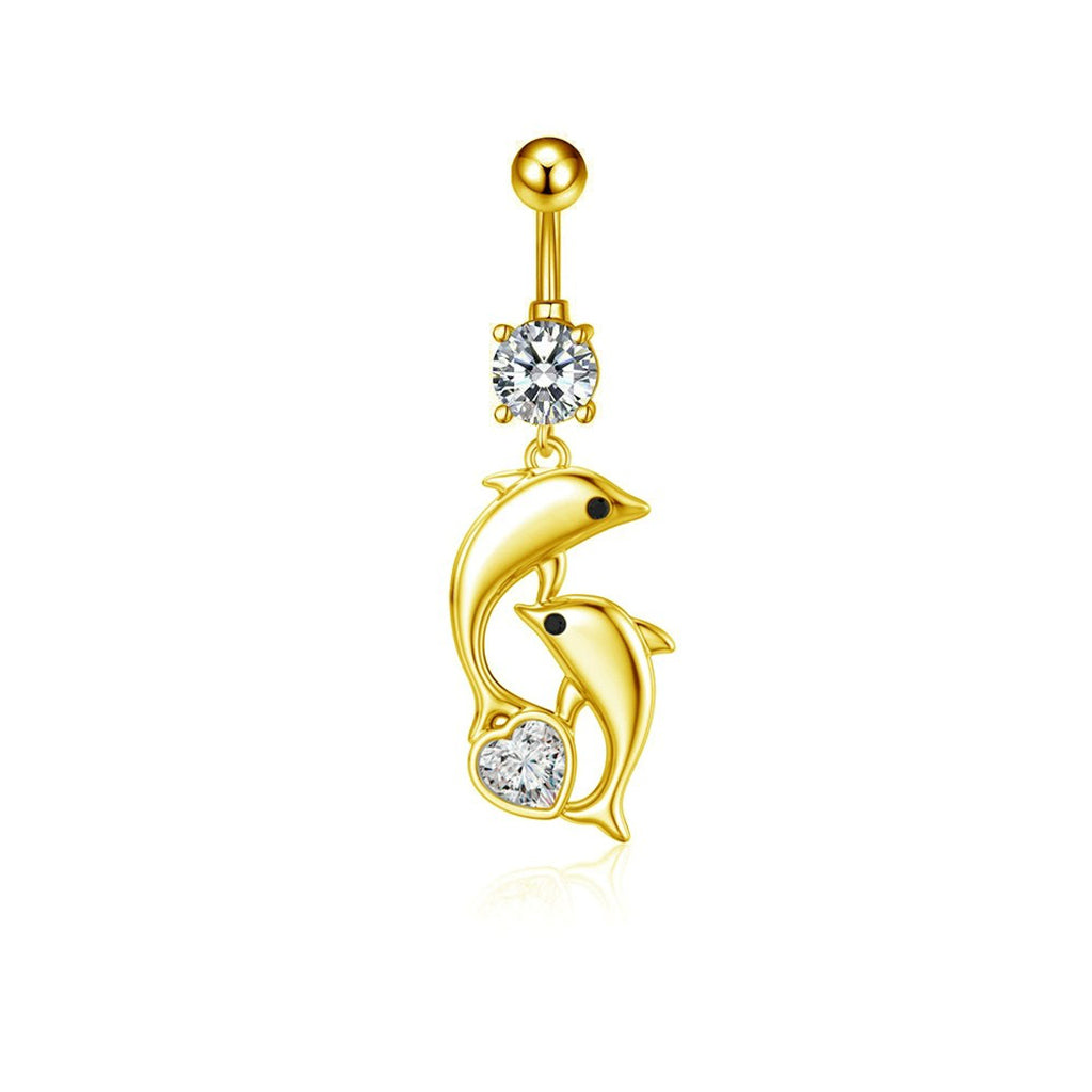 Double Dolphin CZ Dangle Belly Button Navel Ring