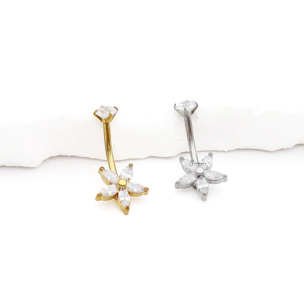 Marquise CZ Flower Belly Button Navel Ring - Silver