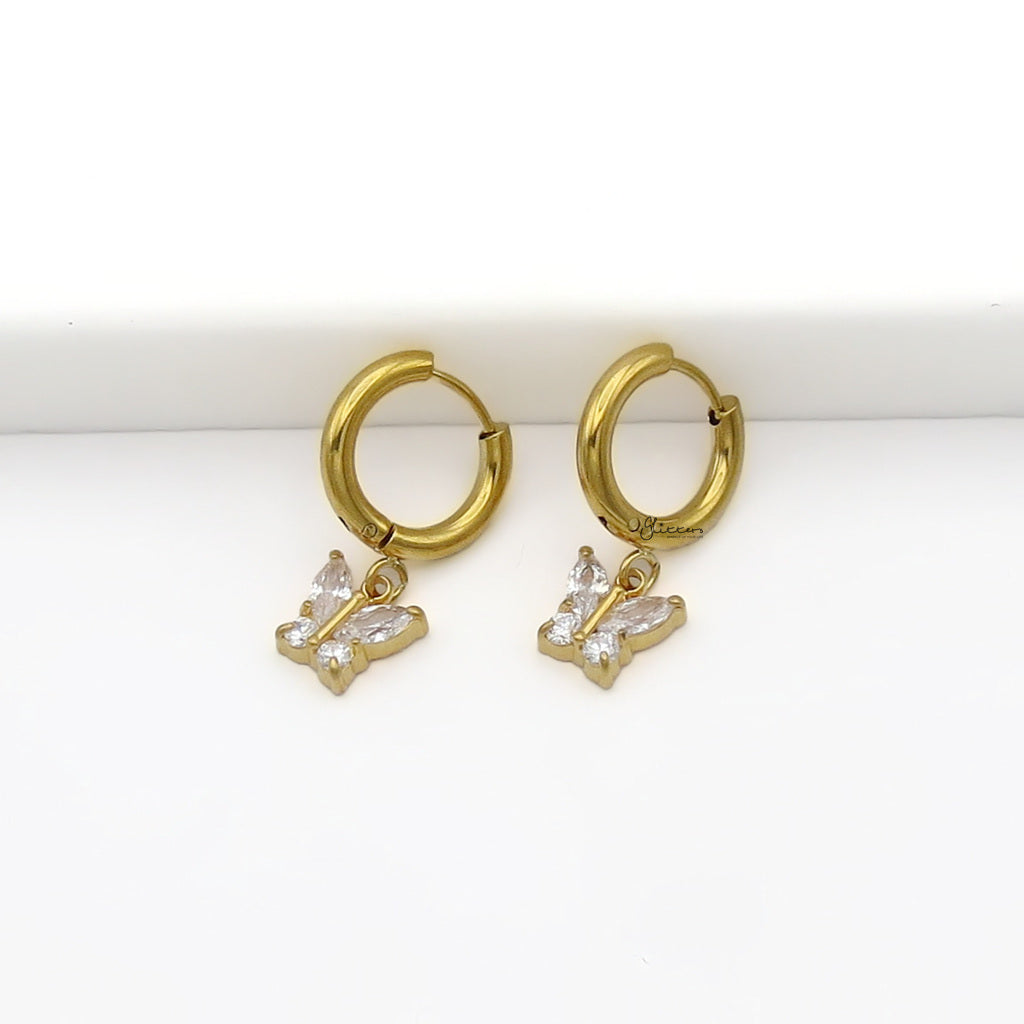 Stainless Steel CZ Butterfly Dangle Hoop Earrings