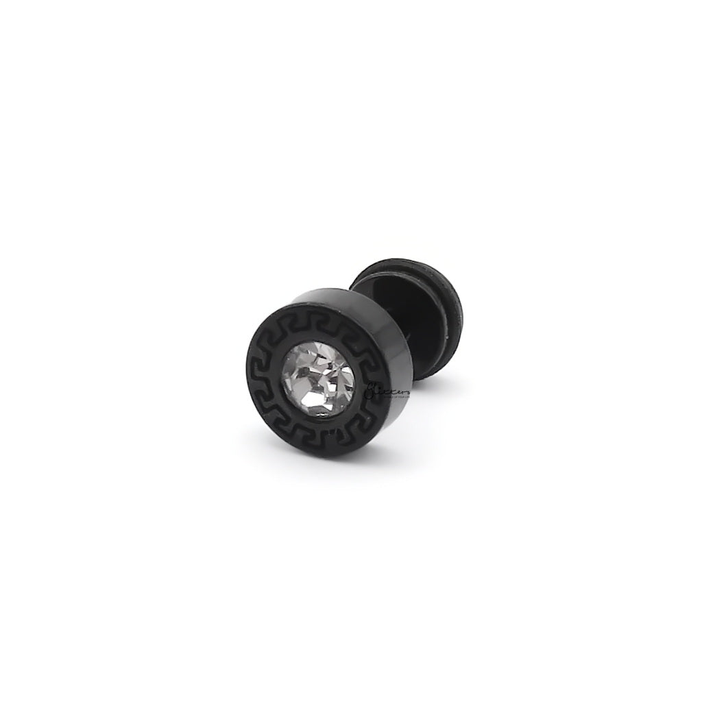 Stainless Steel Round Greek Pattern Crystal Center Fake Plug Earring