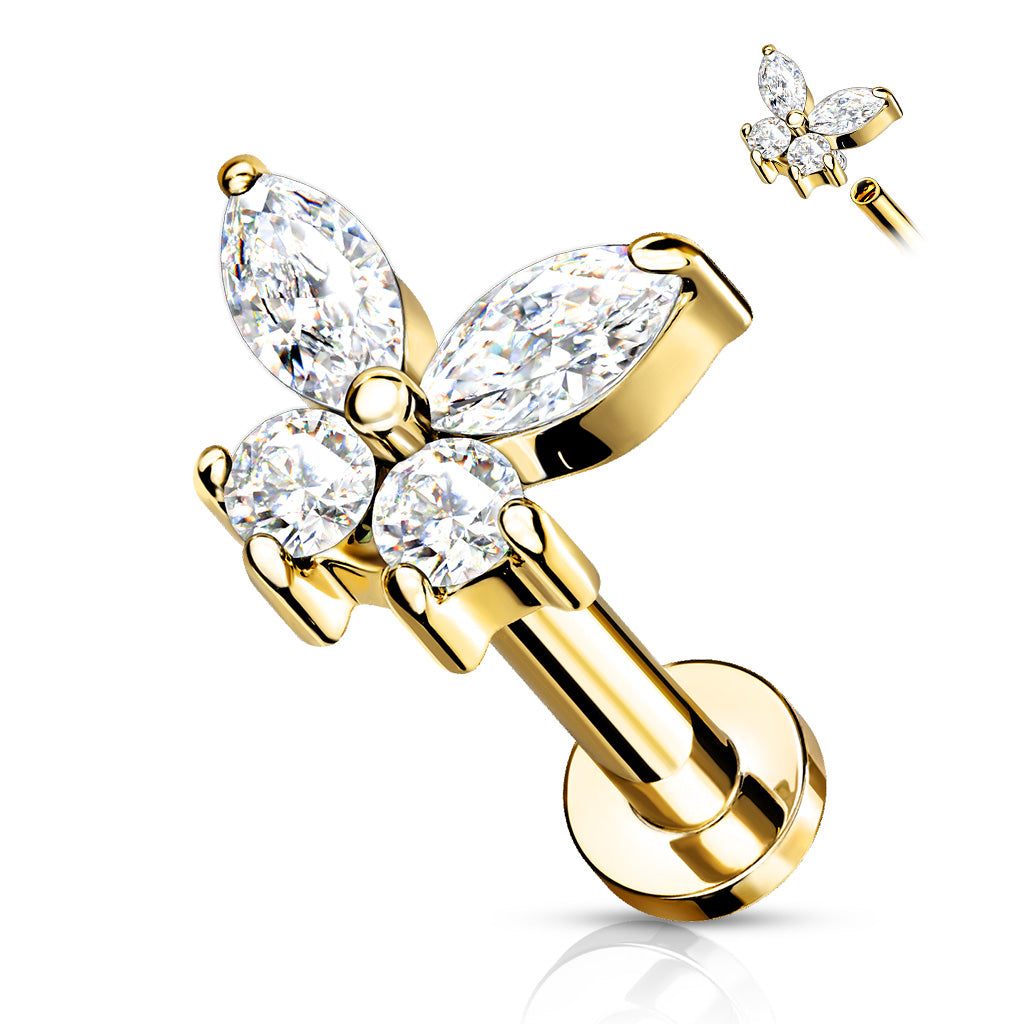 Prong Set CZ Butterfly Tragus Cartilage Barbell Stud - Gold-Tragus | Cartilage | Daith | Conch-1-Glitters