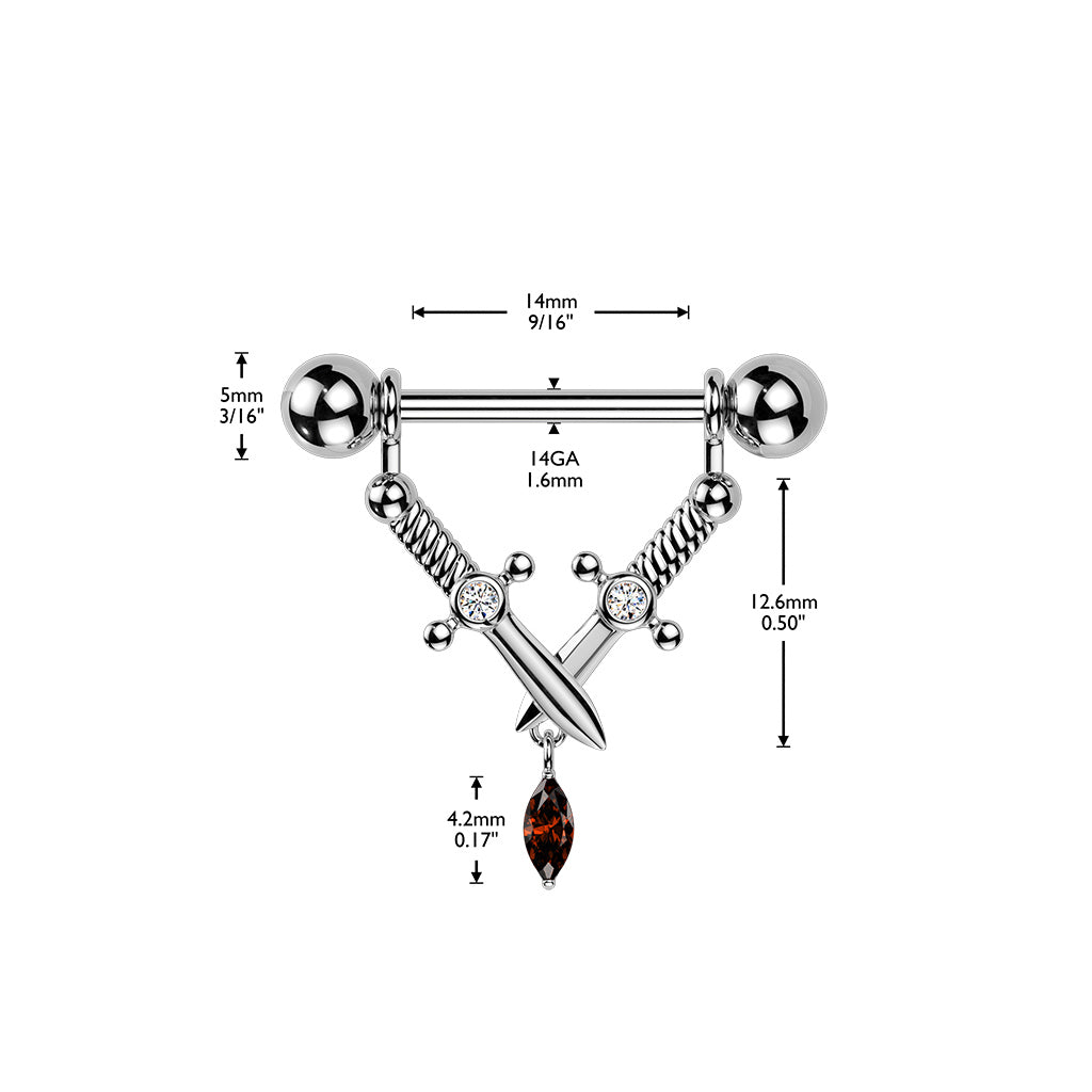 Crossed Daggers & Marquise CZ Dangle Nipple Barbell - Gold-Nipple Barbells-3-Glitters