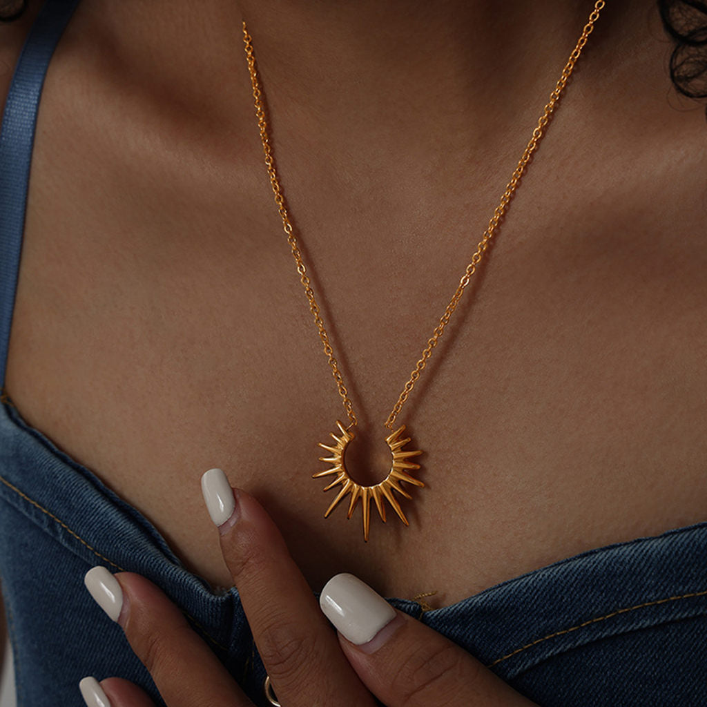 Stainless Steel Spiked Sun Pendant Necklace - Gold-Necklaces-3-Glitters