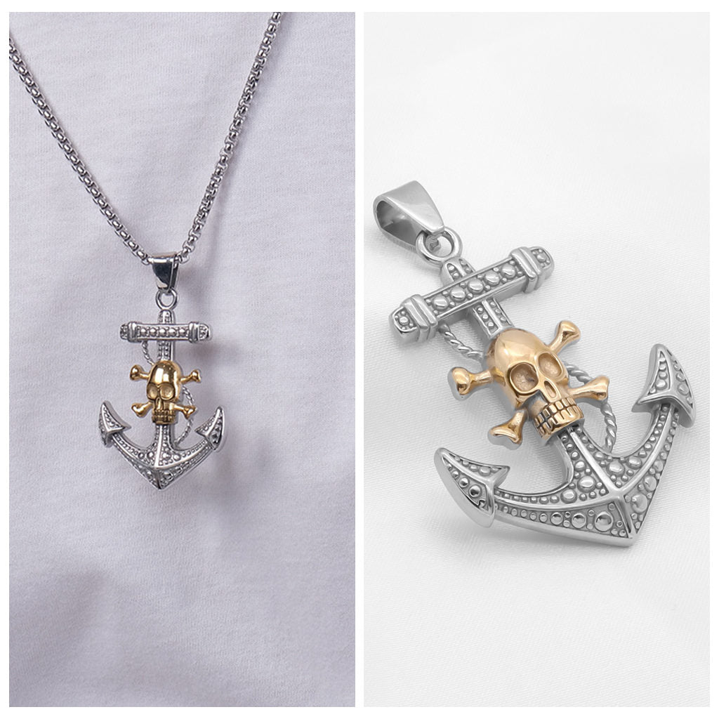 Gold Tone Crossbone Skull with Anchor Pendant-Pendants-3-Glitters
