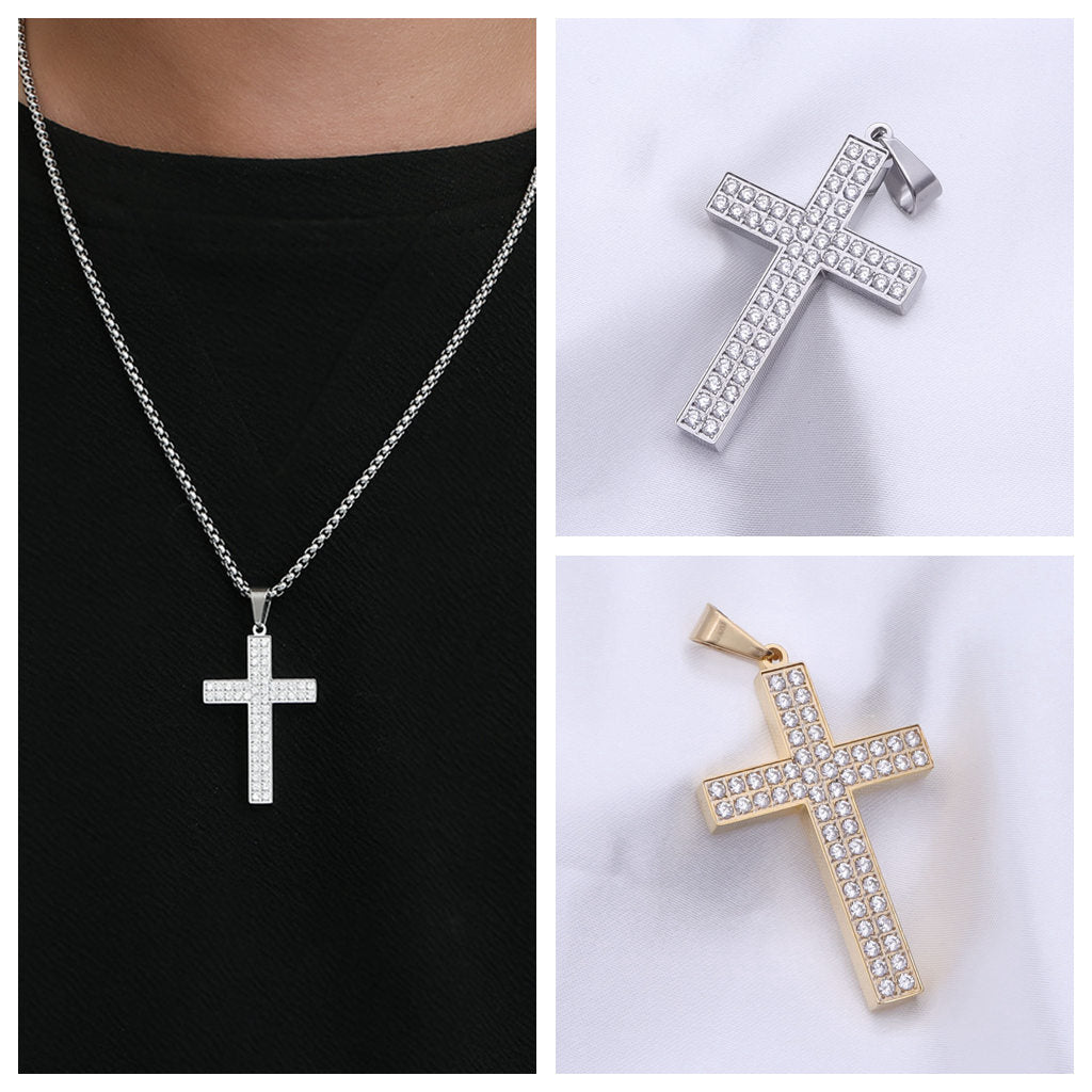 CZ Paved Stainless Steel Cross Pendant - Gold-Pendants-4-Glitters