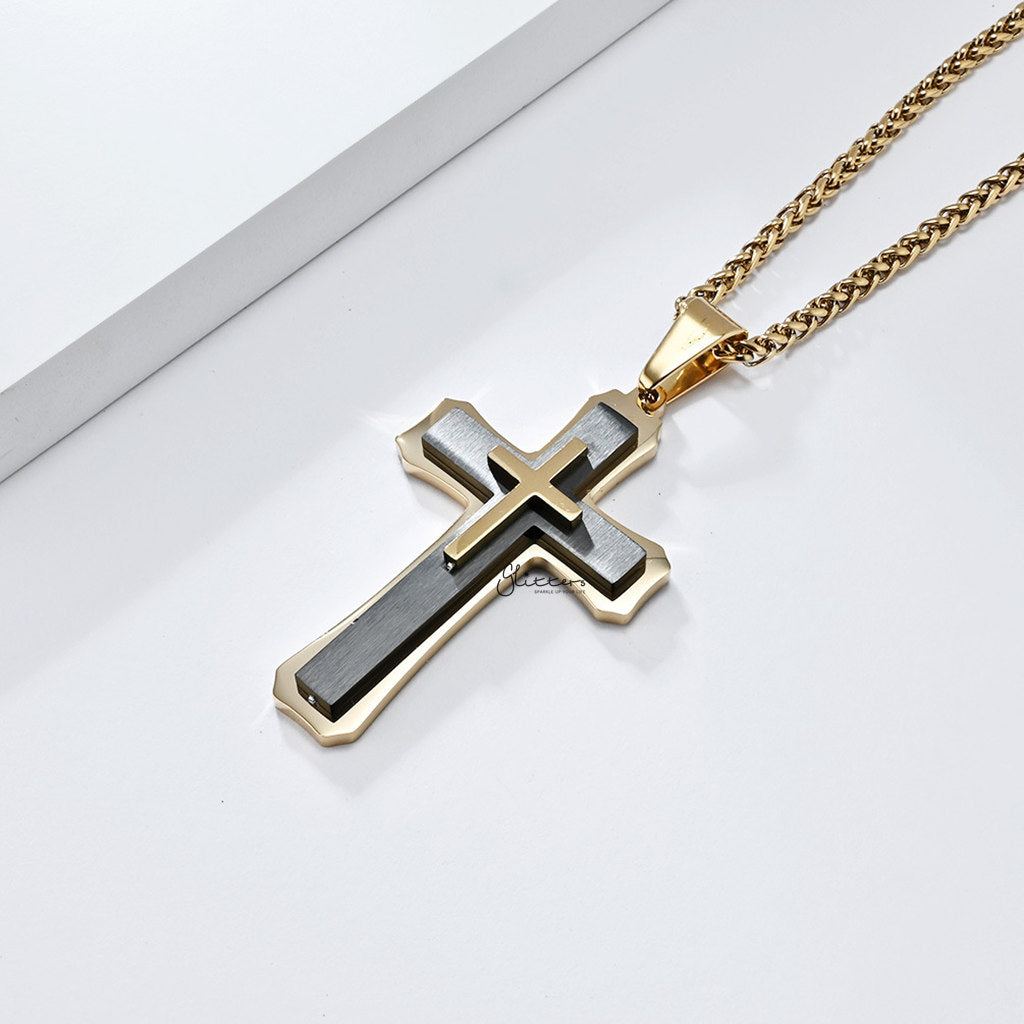 Triple Layer Two-Tone Cross Pendant - Gold