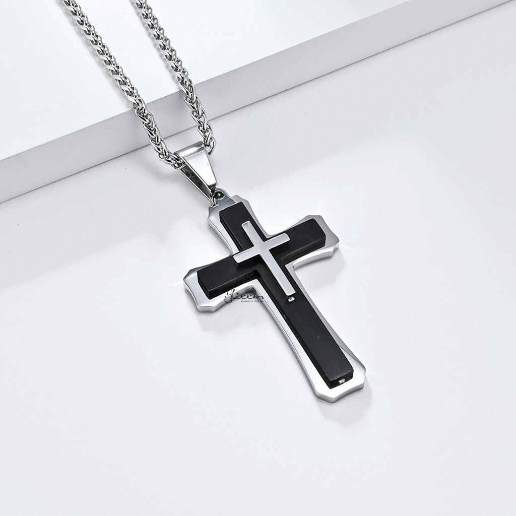 Triple Layer Two-Tone Cross Pendant - Silver