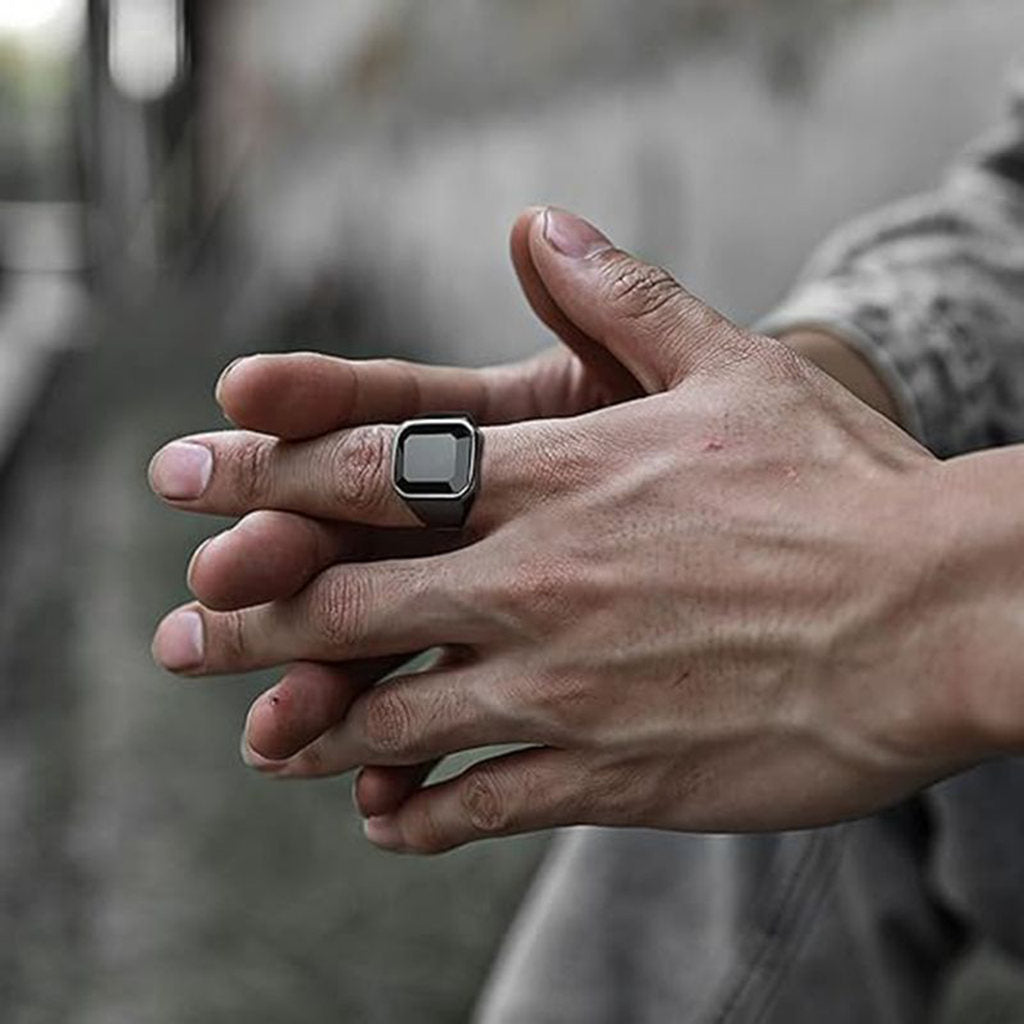 Stainless Steel Black Glass Signet Ring - Silver