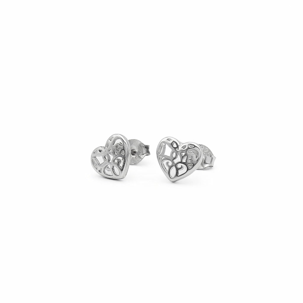 Sterling Silver Filigree Heart Stud Earrings