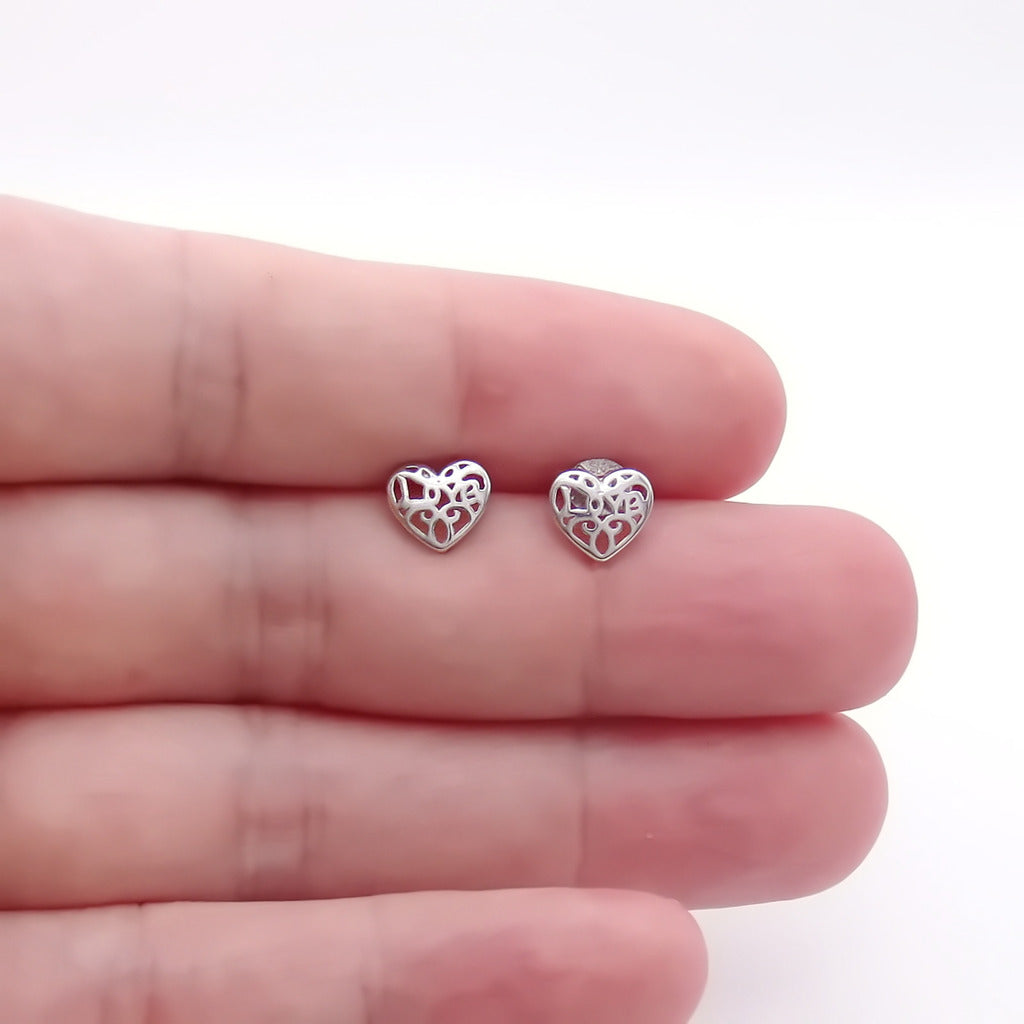Sterling Silver Filigree Heart Stud Earrings