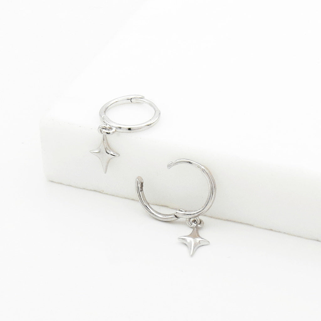 3D Star Charm Sterling Silver Hoop Earrings - Silver