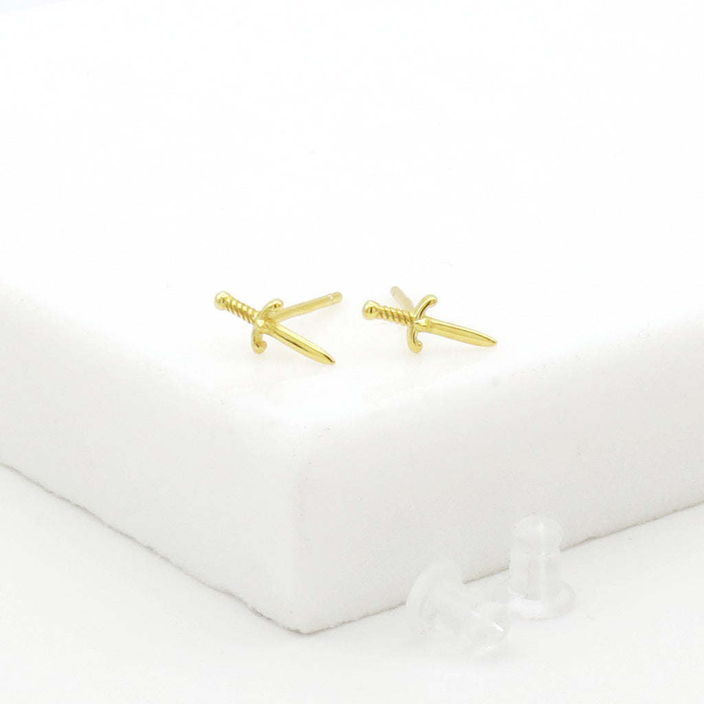 Sterling Silver Dagger Stud Earrings - Gold-Stud Earrings-3-Glitters