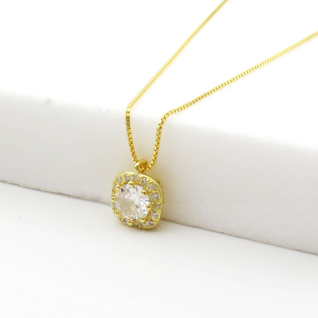 Sterling Silver Cushion Halo CZ Pendant Necklace - Gold-Sterling Silver Necklaces-2-Glitters