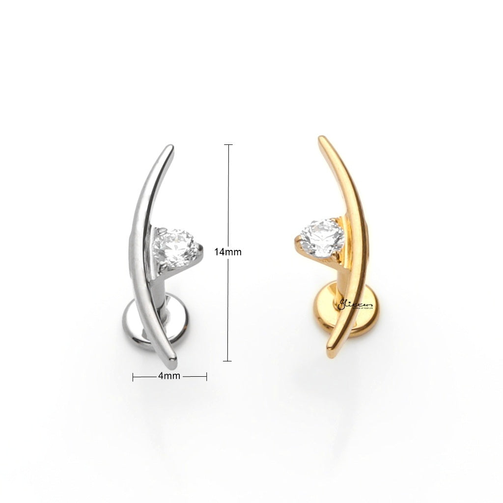 Curved Bar with A CZ Titanium Flat Back Stud Earrings-Tragus | Cartilage | Daith | Conch-3-Glitters