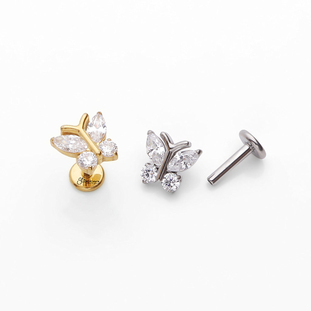 CZ Butterfly Titanium Flat Back Stud Earrings-Tragus | Cartilage | Daith | Conch-4-Glitters