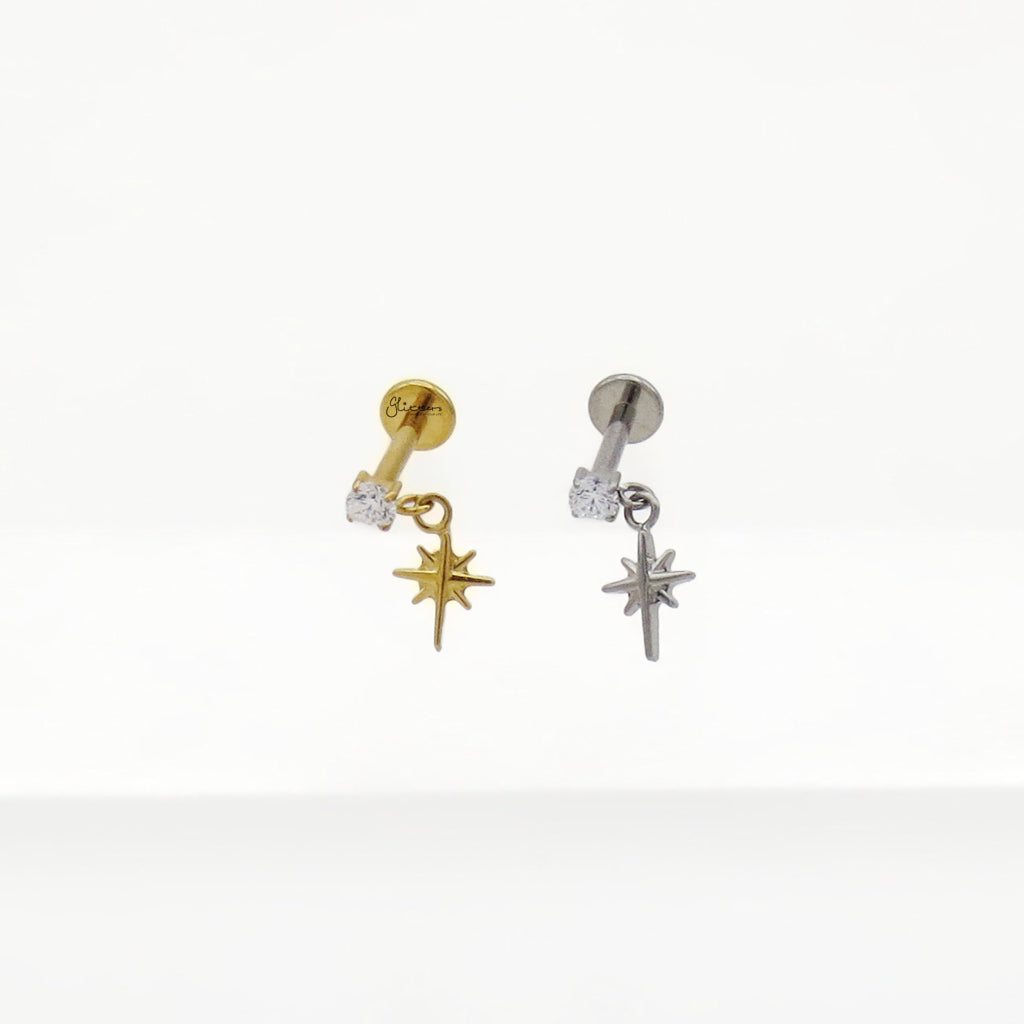 CZ with Dangle Star Titanium Flat Back Stud Earrings