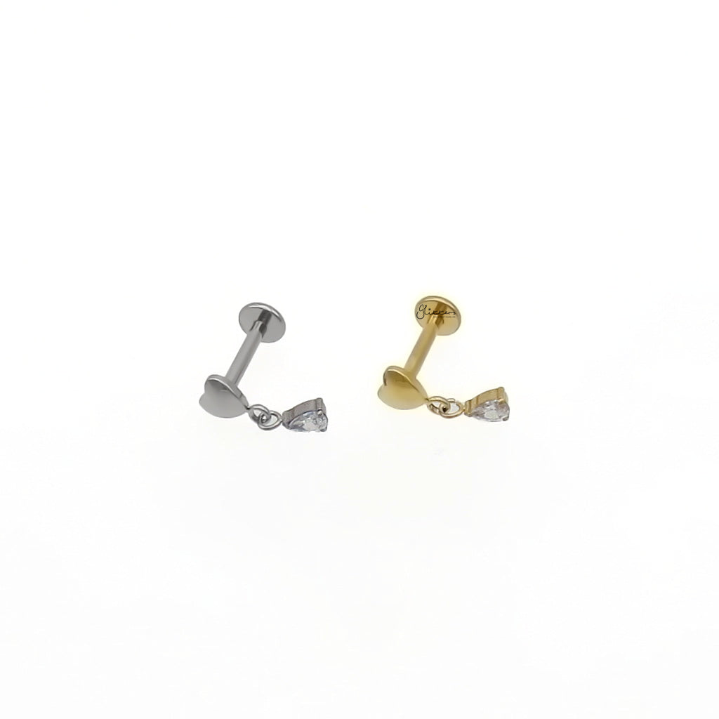 Titanium Heart with Dangle Teardrop CZ Flat Back Stud Earring