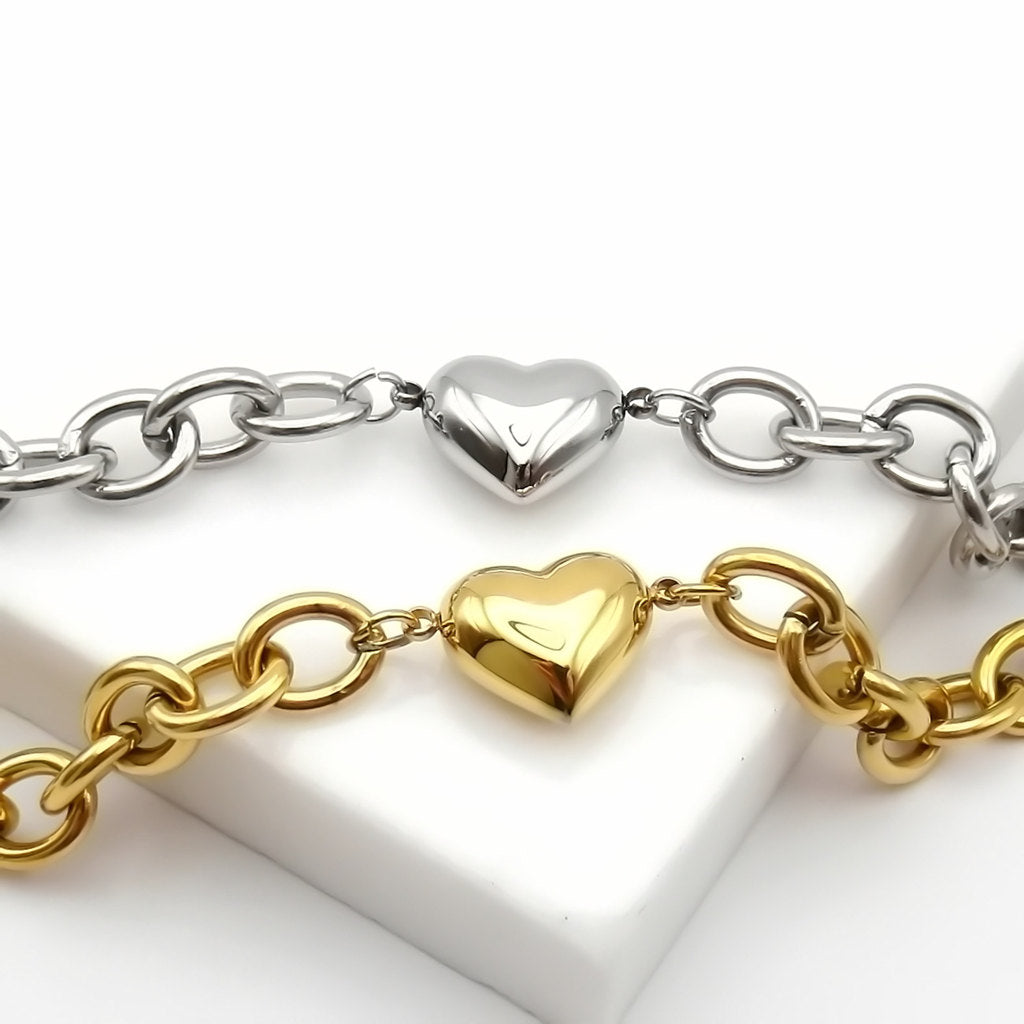 Stainless Steel Chunky Chain Puffy Heart Bracelet-Stainless Steel Bracelets-3-Glitters