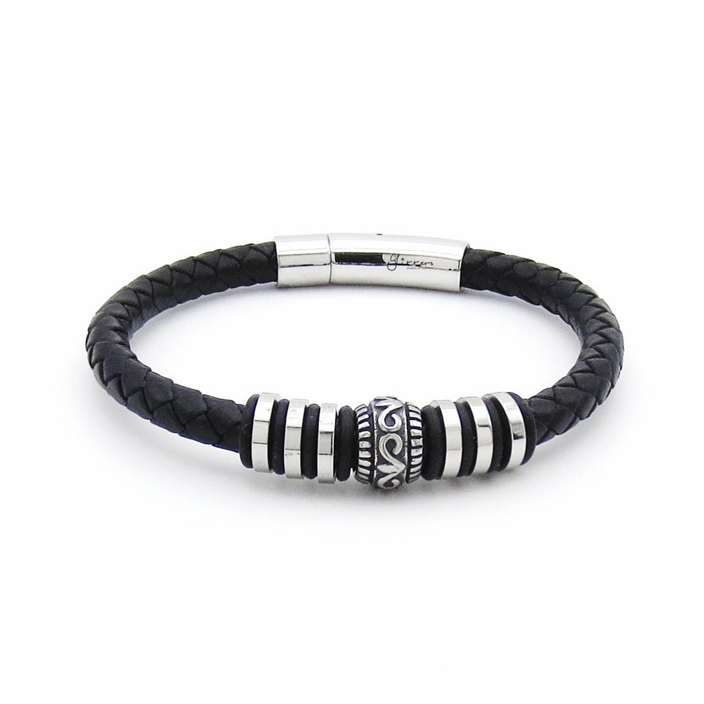 Single-Band Braided Leather Bracelet with Patterned Steel Accents-Leather Bracelets-3-Glitters