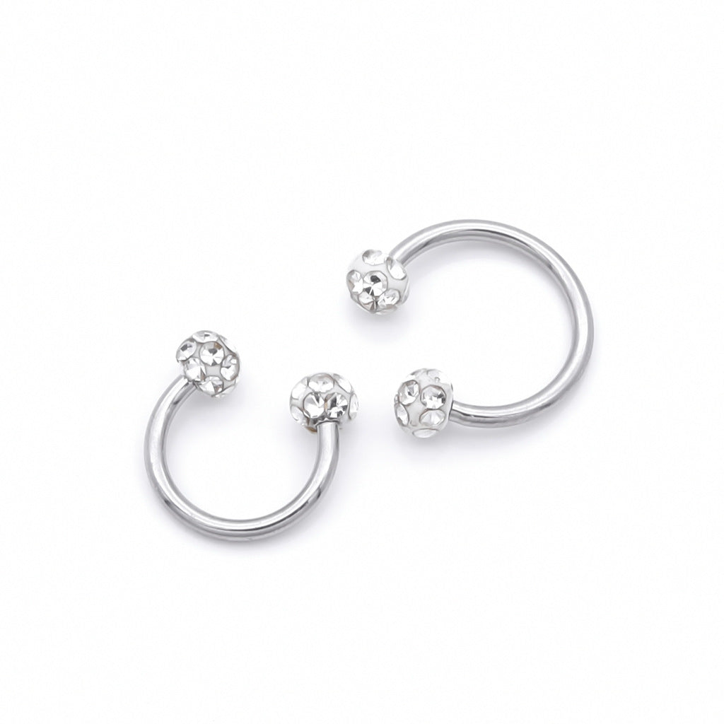 Epoxy Covered Crystal Paved Ferido Balls Horseshoe Rings - Clear-Horseshoes-1-Glitters