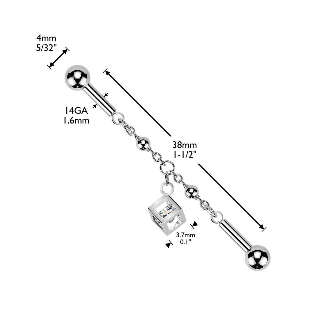 Centered Chain & CZ Cube Dangle Industrial Barbell - Gold-Industrial Barbells-2-Glitters