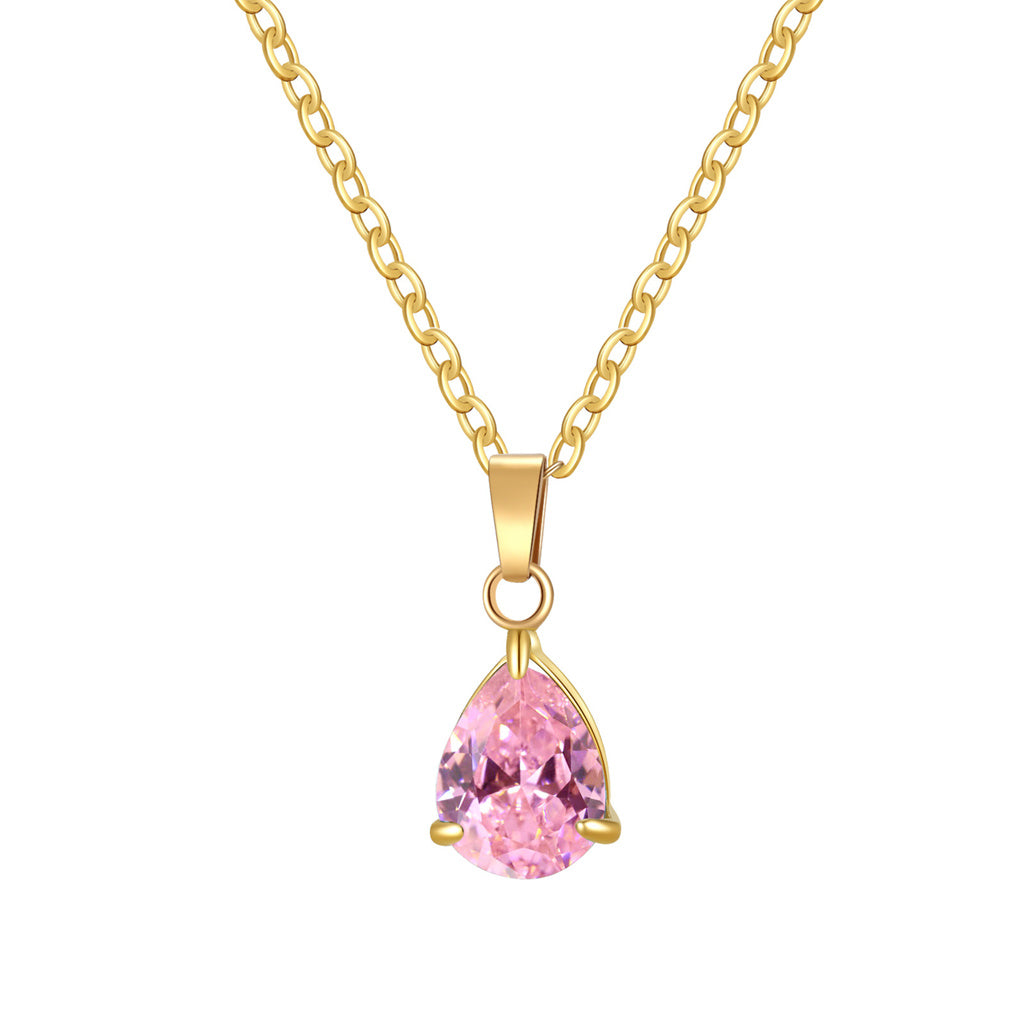 Stainless Steel Pear Cut CZ Teardrop Pendant Necklace - Pink