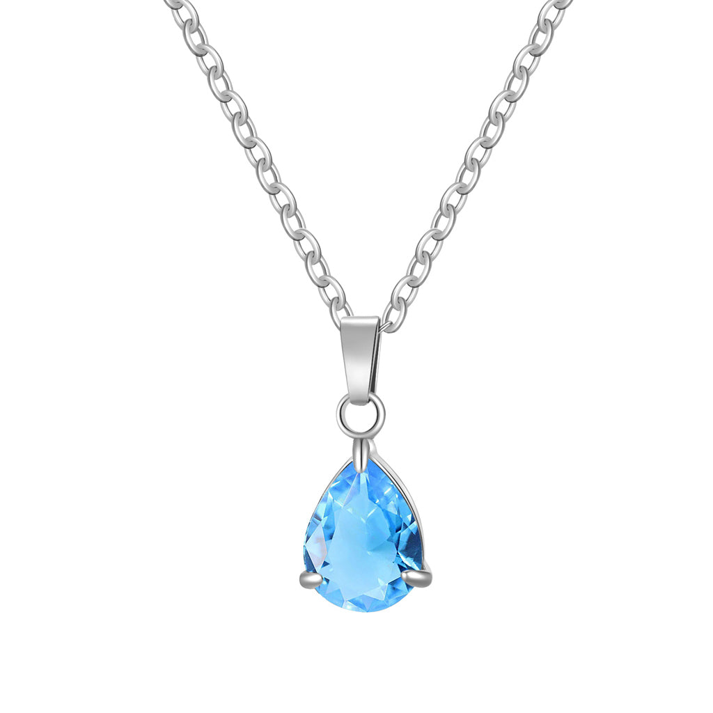 Stainless Steel Pear Cut CZ Teardrop Pendant Necklace - Aqua