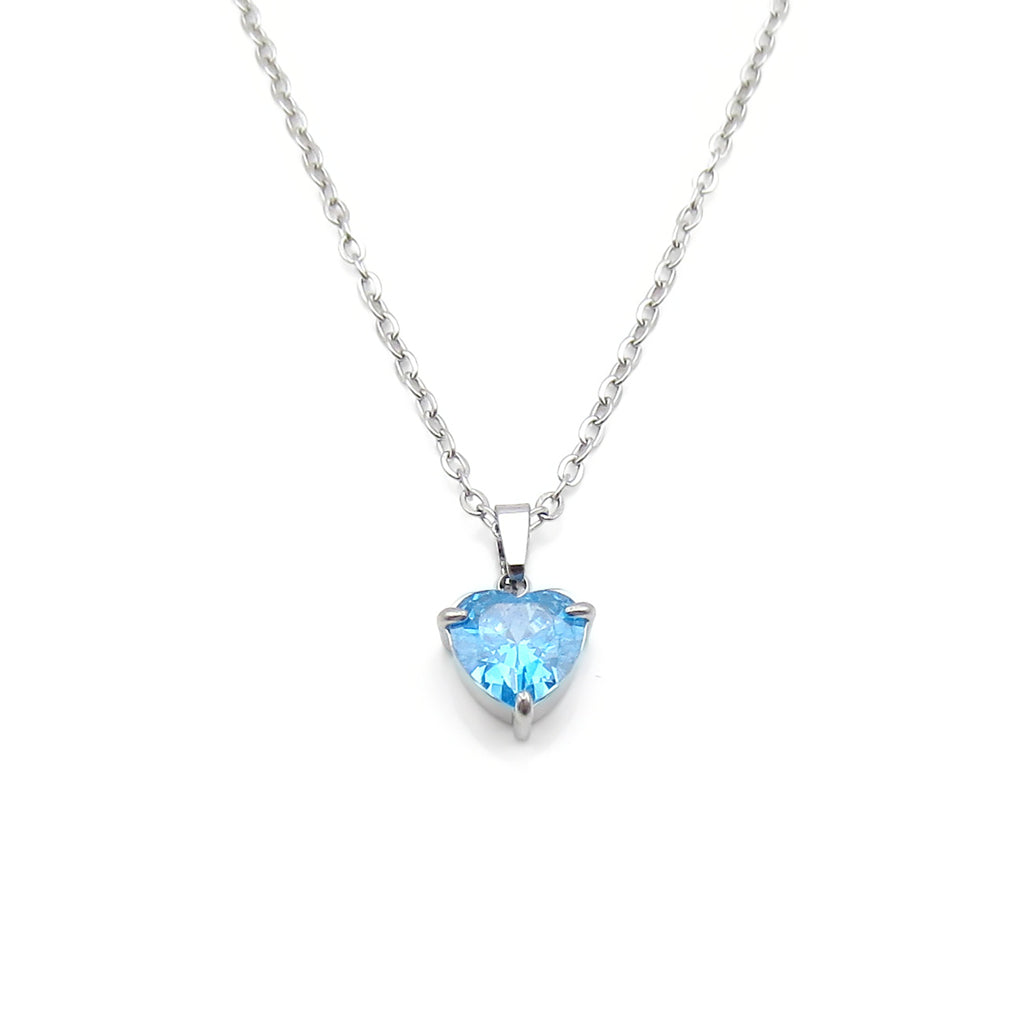 Stainless Steel Heart Cut CZ Pendant Necklace - Aqua