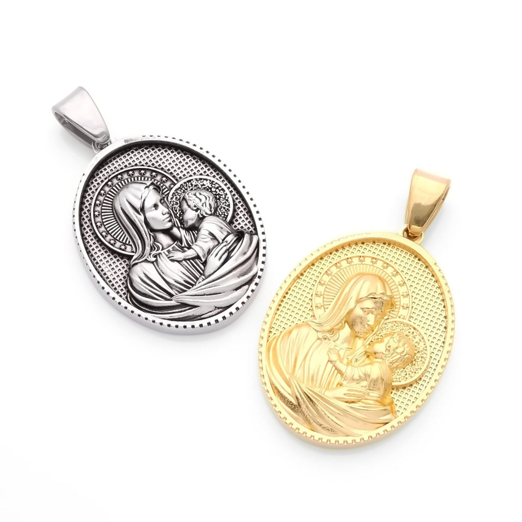 Stainless Steel Virgin Mary and Child Jesus Pendant - Gold-Pendants-3-Glitters