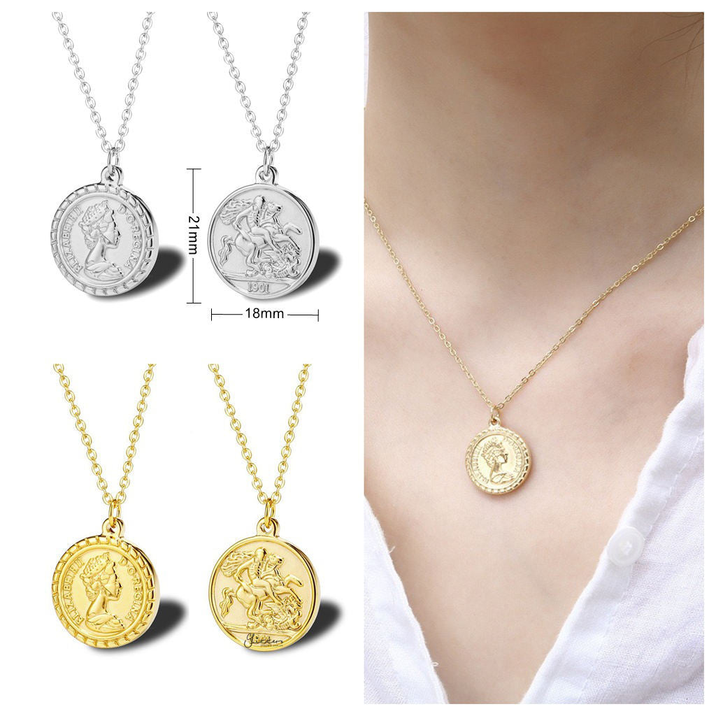 Stainless Steel Queen Elizabeth Coin Pendant - Silver
