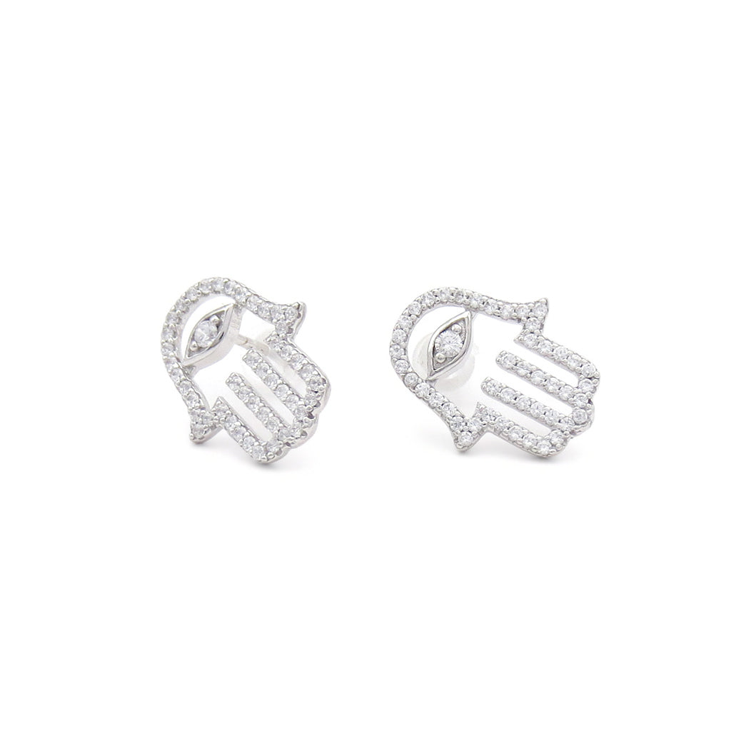 Sterling Silver Hamsa Hand CZ Stud Earrings