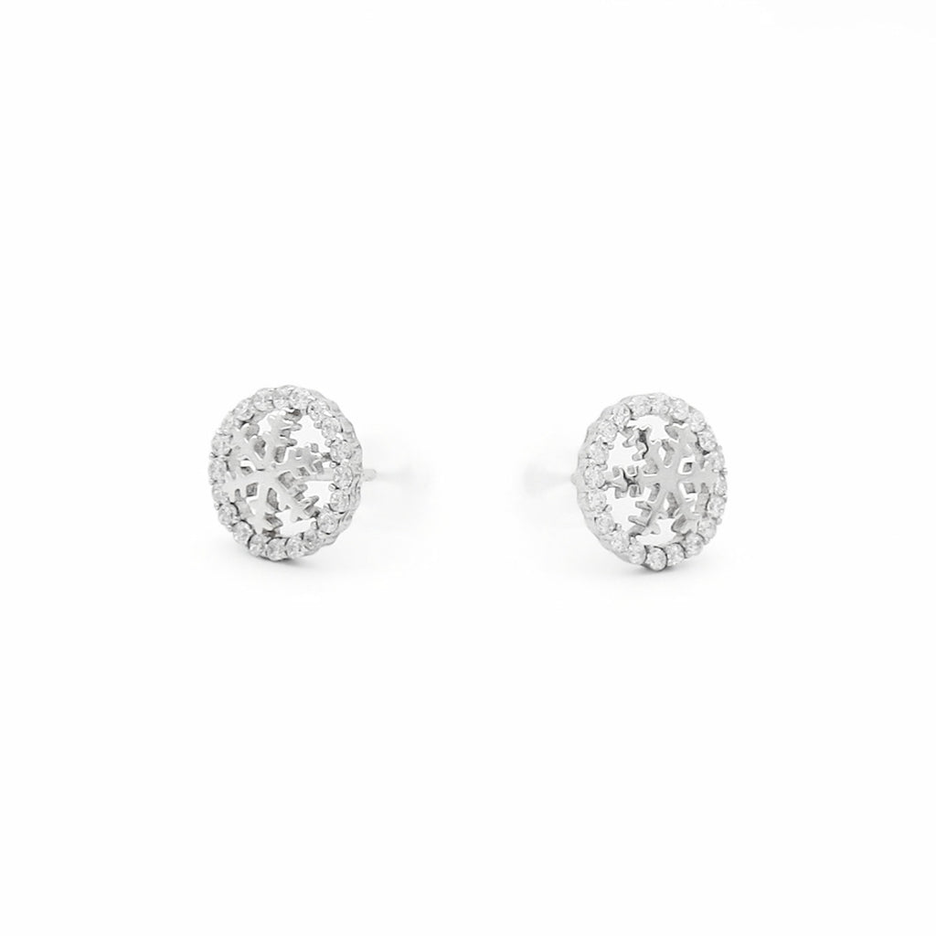 Sterling Silver Round Snowflake CZ Stud Earrings