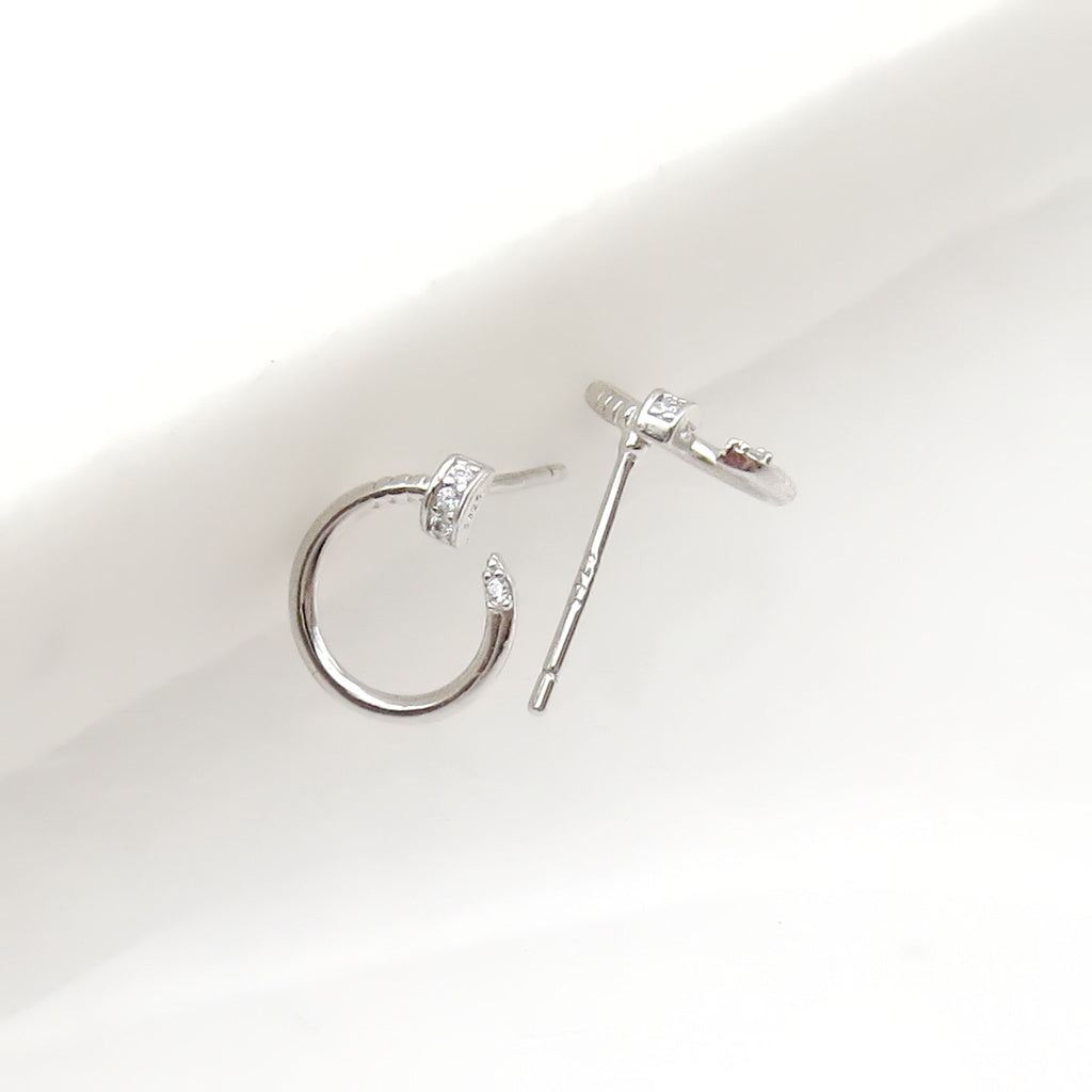 Sterling Silver CZ Pave Bent Nail Stud Earrings