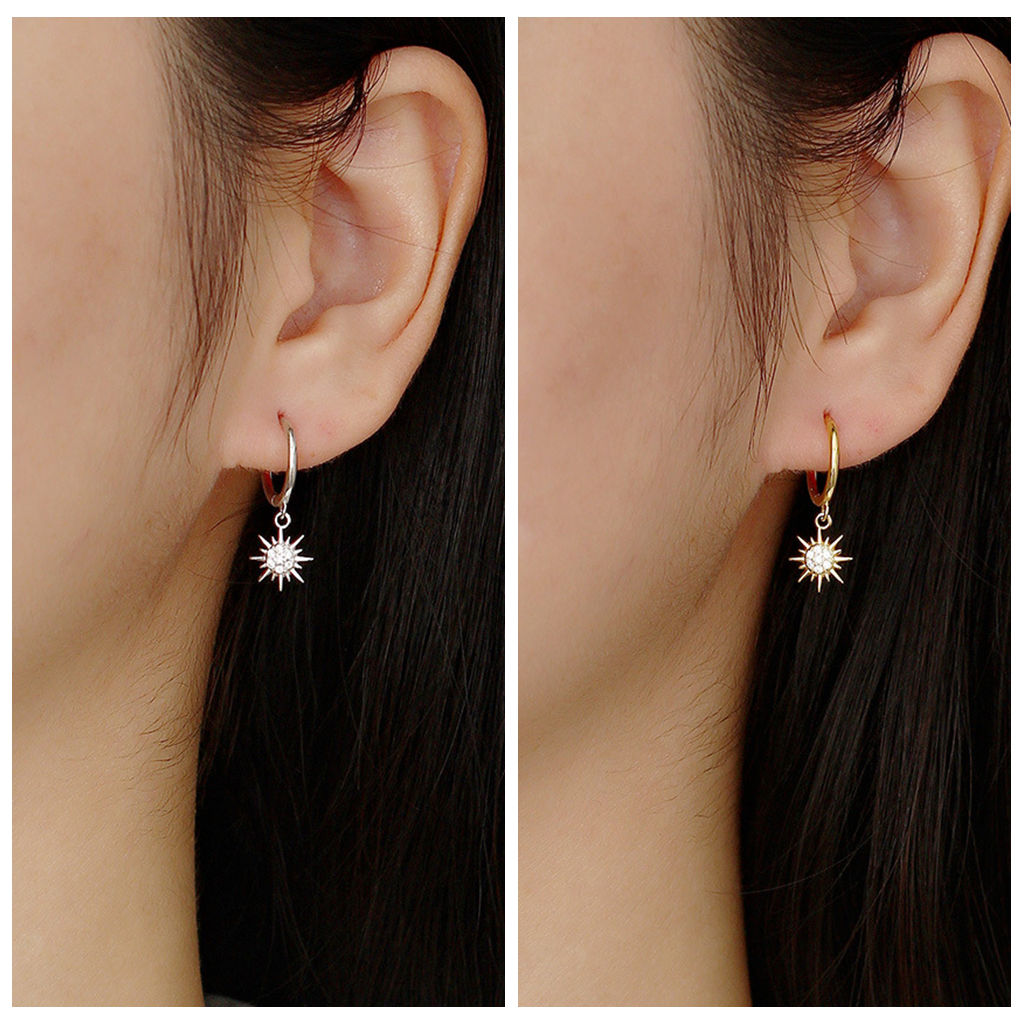 Sterling Silver CZ Sunburst Dangle Hoop Earrings - Silver