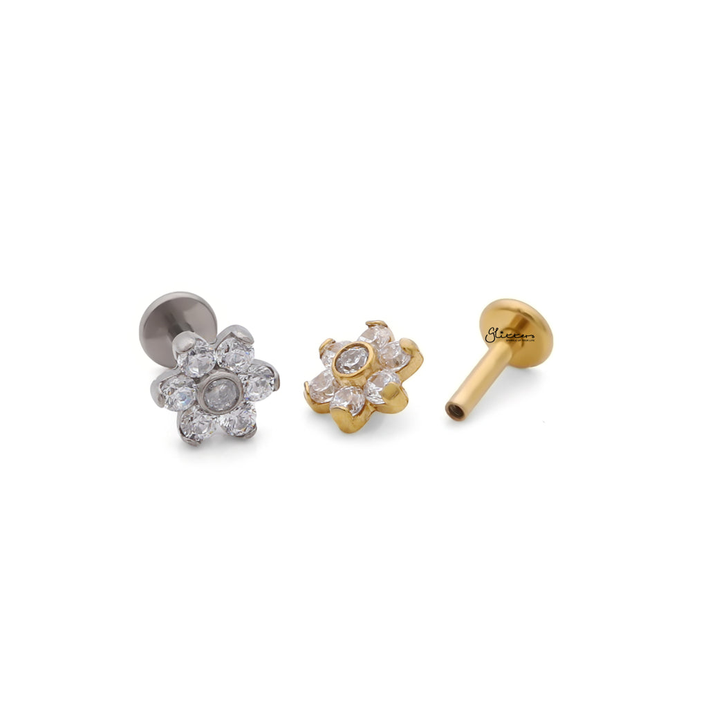 CZ Flower Titanium Flat Back Stud Earrings-Tragus | Cartilage | Daith | Conch-4-Glitters