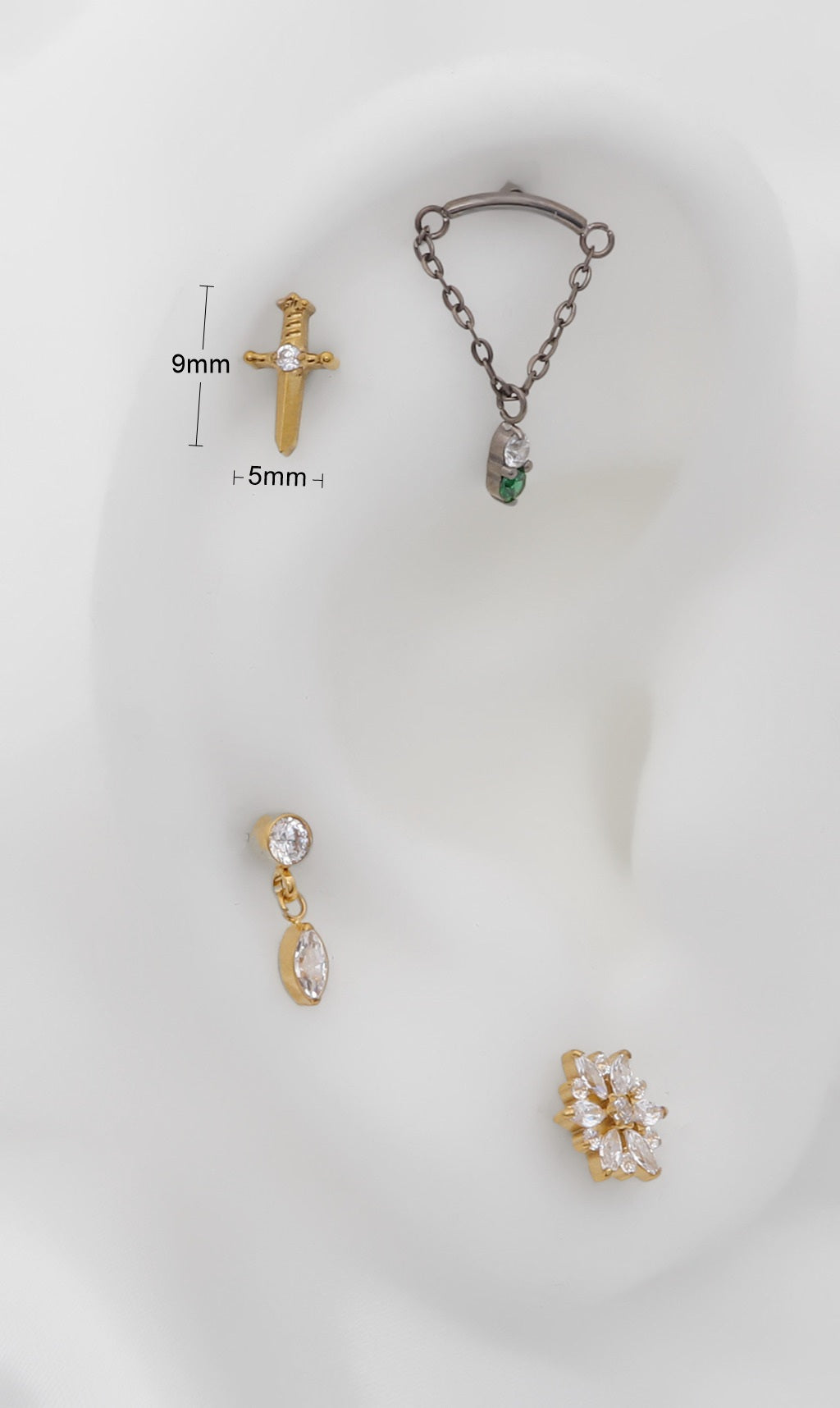Sword with CZ Titanium Flat Back Stud Earrings-Tragus | Cartilage | Daith | Conch-3-Glitters