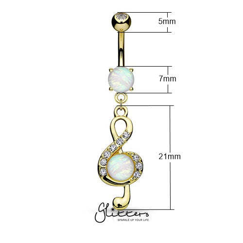 Opal Glitter Center Crystal Paved Treble Clef Dangle Belly Button Navel Ring - Gold-Belly Ring, Body Piercing Jewellery, Crystal-BJ0294-2_New-Glitters