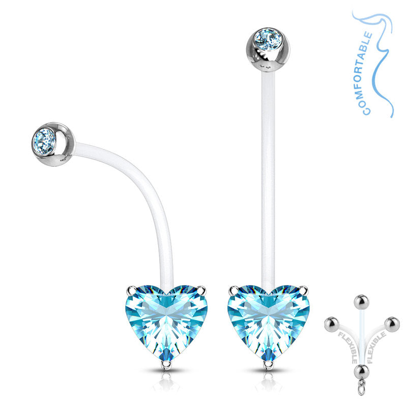 Heart CZ Pregnancy Bioflex Belly Button Ring Aqua