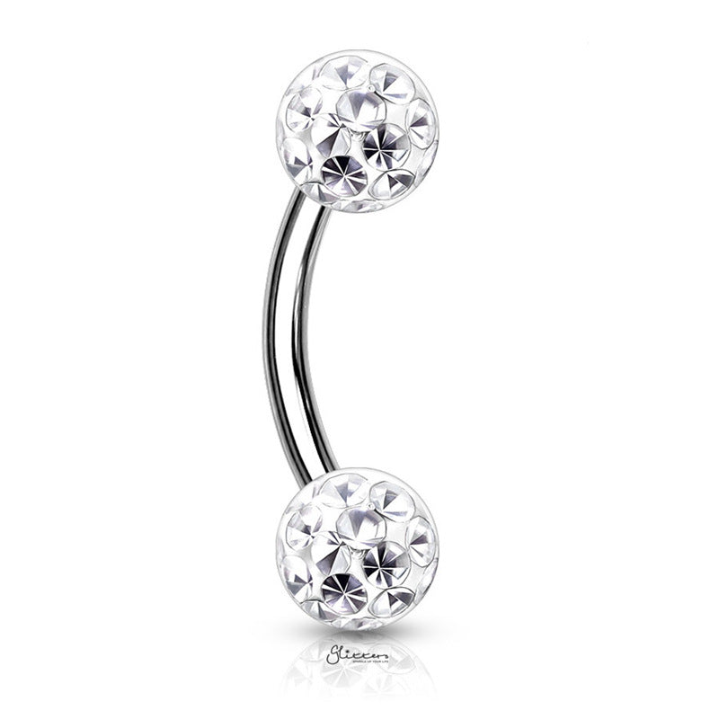 Epoxy Covered Crystal Paved Balls Eyebrow Barbells - Clear-Body Piercing Jewellery, Cubic Zirconia, Daith, Eyebrow-EB0015-WT-Glitters