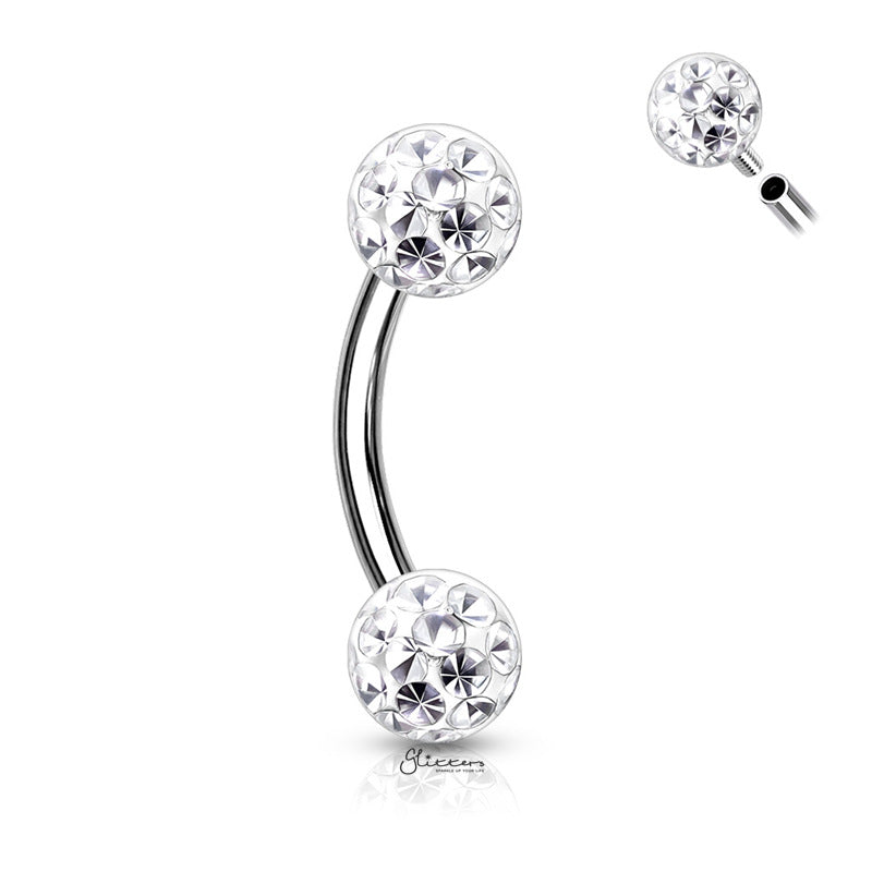 Epoxy Covered Crystal Paved Balls Eyebrow Barbells - Clear-Body Piercing Jewellery, Cubic Zirconia, Daith, Eyebrow-EB0015-WT2-Glitters