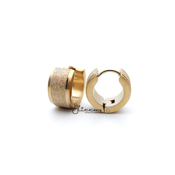18K Gold IP Stainless Steel Hinged Sand Sparkle Center Hoop Earrings-earrings, Hoop Earrings, Huggie Earrings, Jewellery, Men's Earrings, Men's Jewellery, Stainless Steel-ER0304_G-Sand_Sparkle_Center02-Glitters