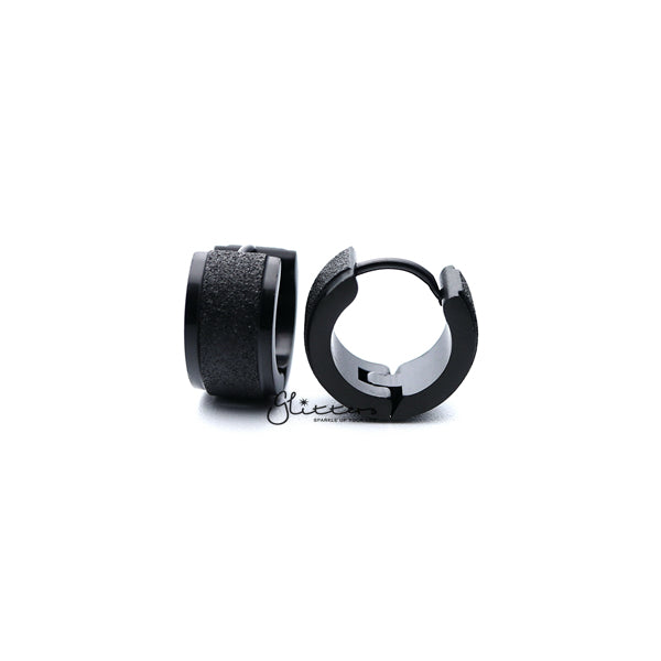 Black Titanium IP Stainless Steel Hinged Sand Sparkle Center Hoop Earrings-earrings, Hoop Earrings, Huggie Earrings, Jewellery, Men's Earrings, Men's Jewellery, Stainless Steel-ER0304_K-Sand_Sparkle_Center02-Glitters