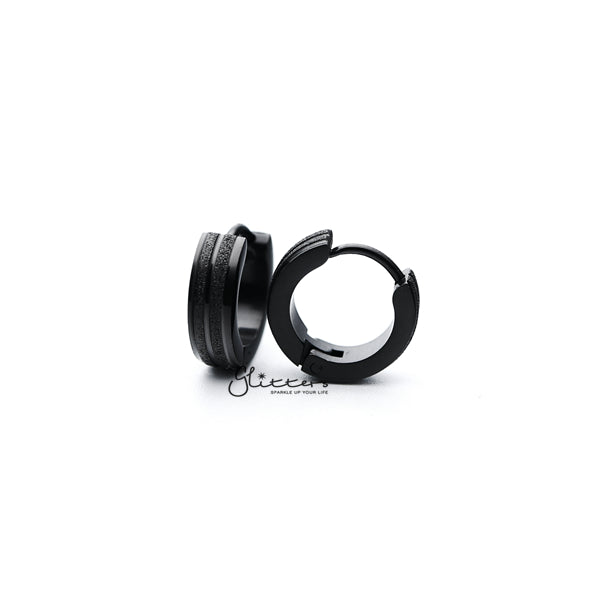 Black Titanium IP Stainless Steel Hinged Hoop Earrings with Sand Sparkle Lines-earrings, Hoop Earrings, Huggie Earrings, Jewellery, Men's Earrings, Men's Jewellery, Stainless Steel, Women's Earrings, Women's Jewellery-ER0304_Sand_Sparkle_K02-Glitters