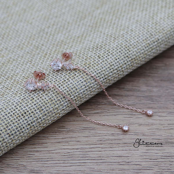 Cubic Zirconia Sterling Silver Post Stud Earrings with Drop Chain C.Z-Cubic Zirconia, earrings, Jewellery, Sterling Silver Post, Stud Earrings, Women's Earrings, Women's Jewellery-ER1462_03-Glitters