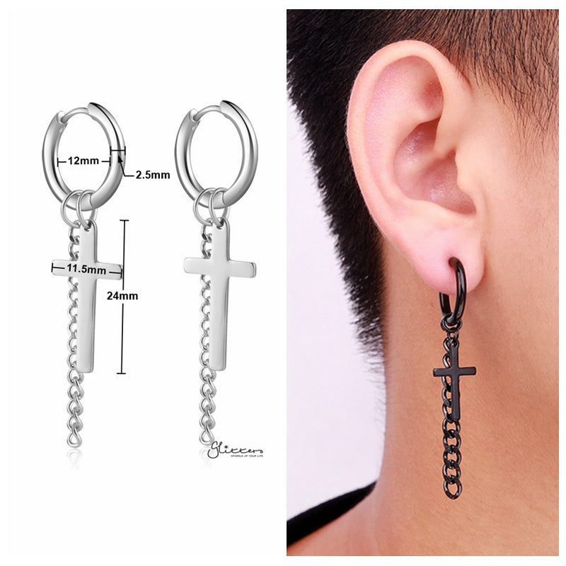 Stainless Steel Drop Cross with Chain Huggie Hoop Earrings - Black-Chain Earring, earrings, Hoop Earrings, Huggie Earrings, Jewellery, Men's Earrings, Men's Jewellery, Stainless Steel, Women's Earrings-ER1481-k_2-Glitters
