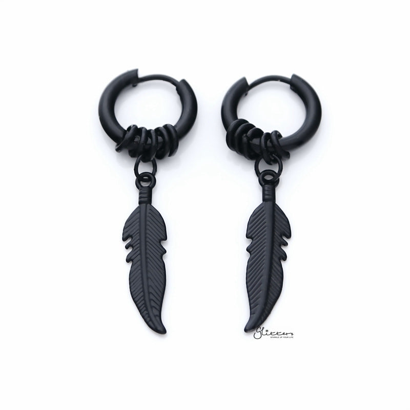 Stainless Steel Huggie Hoop Earrings with Drop Feather and Rings - Black-Chain Earring, earrings, Hoop Earrings, Huggie Earrings, Jewellery, Men's Earrings, Men's Jewellery, Stainless Steel, Women's Earrings-ER1490-K1_800-Glitters